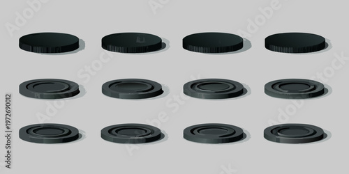 Isometric view of black bottle caps arranged in a grid pattern