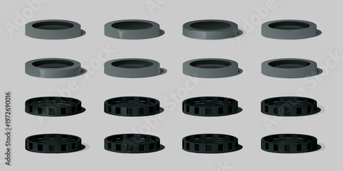 Arrangement of gray and black cylindrical objects on a gray background