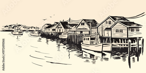 Sketch of a quaint coastal village with buildings on stilts and boats
