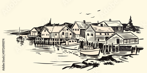 Quaint coastal village scene with houses and boats in black ink