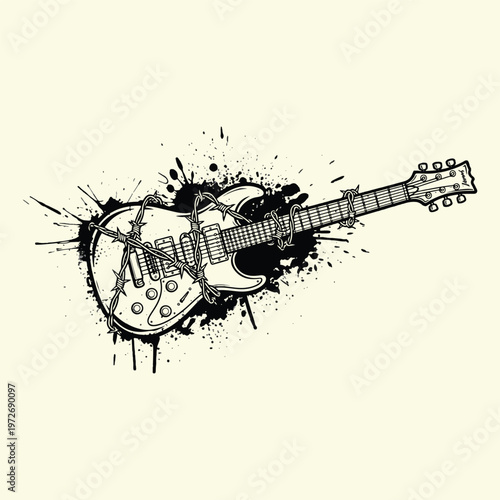 Electric Guitar Ink Splash Grunge Vector T-Shirt Design Illustration