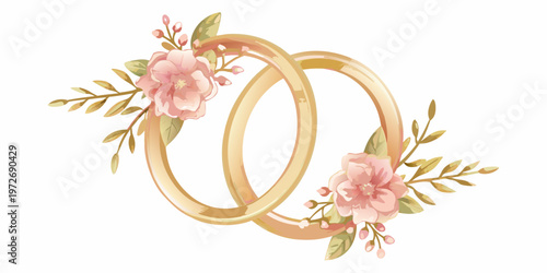 Golden wedding rings entwined with delicate pink flowers and green foliage