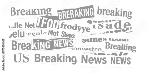 A chaotic collage of various text fragments featuring phrases related to breaking news headlines