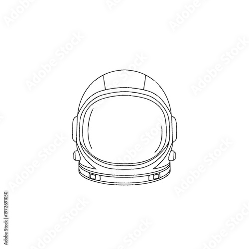 Detailed outline drawing of an astronaut helmet, space suit headgear, minimalist line art illustration, cosmic exploration, future design vector.