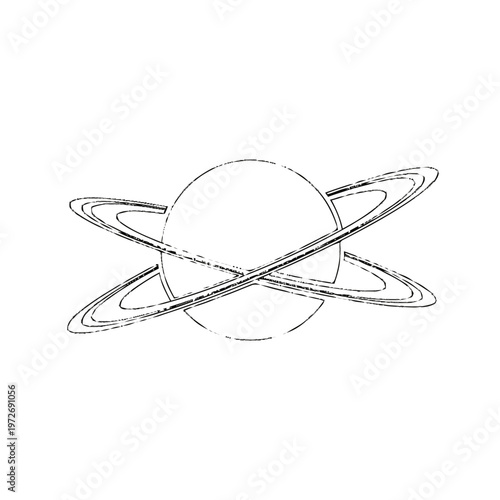 Grunge textured sketch of a stylized planet with intersecting rings, cosmic illustration in black and white, astronomical design element