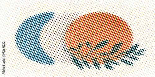 Abstract Halftone Pattern of a Crescent Moon and a Stylized Sun.