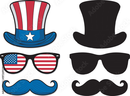 Independence Day American patriotic photo booth props set with Uncle Sam hat glasses and mustache isolated on white background vector illustration USA
