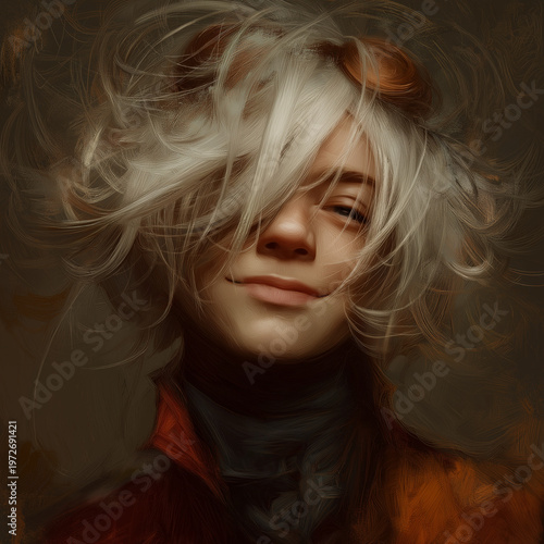 Close-up digital portrait of a person with light skin, tousled white hair, serene expression, high-collared orange and gray garment, and textured painterly brushstrokes on a warm earthy background.