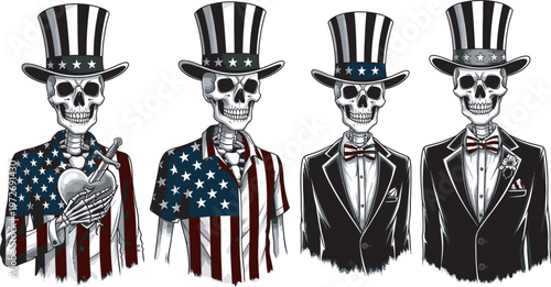 Independence Day Patriotic skeleton characters in Uncle Sam hats for 4th of July celebration vector illustration set for spooky holiday fun USA