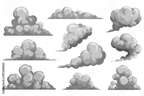 A collection of grey smoke clouds on a white background isolated on white background, Vector, illustration