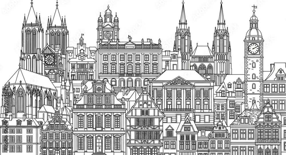 Obraz premium Detailed architectural drawing showcasing a cityscape with various building styles.