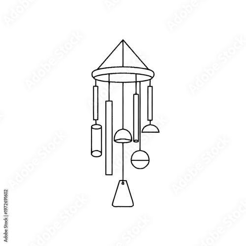 Minimalist Black Line Art Wind Chimes Illustration. Simple Outline Drawing of a Decorative Garden and Home Ornament Icon.