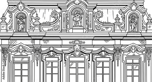 Detailed Architectural Facade Drawing with Ornate Decorations.