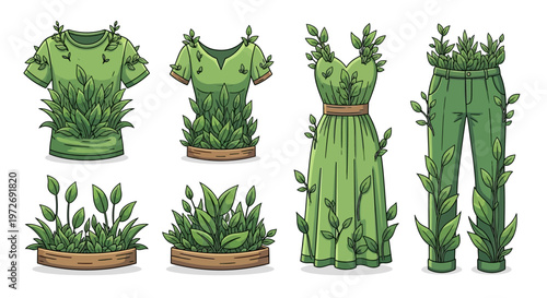 Green clothing with leaves on fashion designs and plant pots on white background illustration