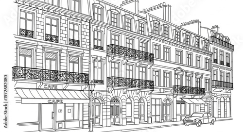 Detailed architectural sketch of a classic European building facade.