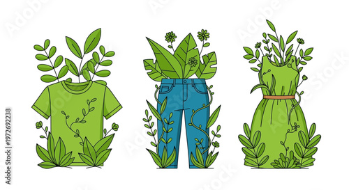 Eco friendly fashion illustration with green clothes and plants growing on them outdoors naturally.