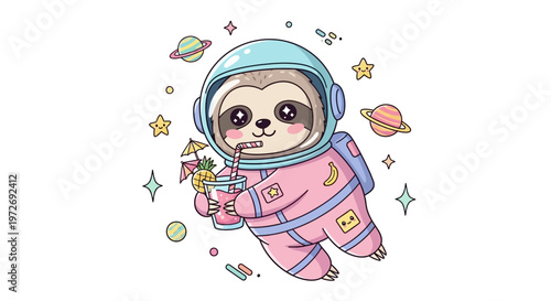 A cartoon sloth in a pink spacesuit drinks from a straw while floating among planets.