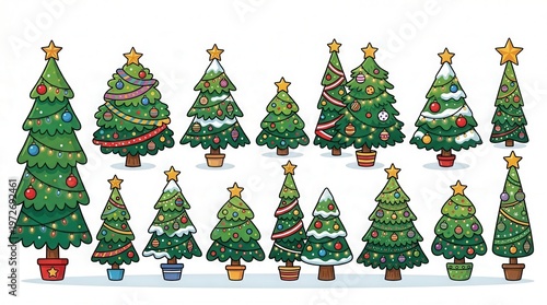 Collection of Colorful Christmas Tree Icons in Various Shapes and Sizes
