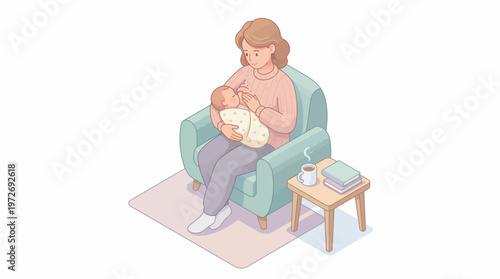 Woman Breastfeeding Baby Sitting.