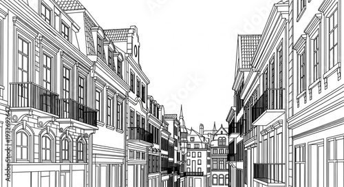 Detailed Architectural Sketch of a European City Street.