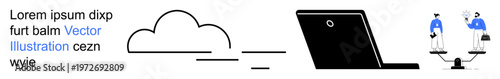 Cloud computing, remote work, digital balance, business collaboration, online interaction, scalable systems. Abstract design with cloud, laptop and balanced figures. Cloud computing and remote work