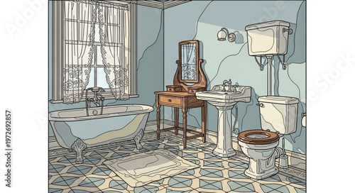 Detailed bathroom interior illustration with classic fixtures and decor.