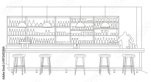 Detailed Bar Interior Sketch with Stools and Shelves.