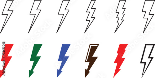 Collection of various lightning bolt icons in black and white