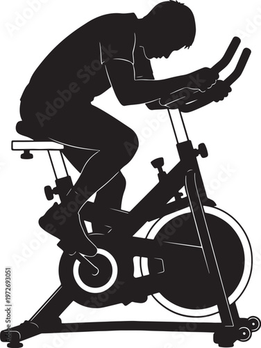 Silhouette of a man intensely cycling on a stationary exercise bike also transparent background stationary bike