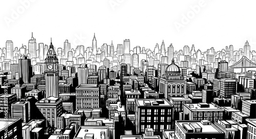 Detailed Black and White Cityscape Illustration with High-Rise Buildings.