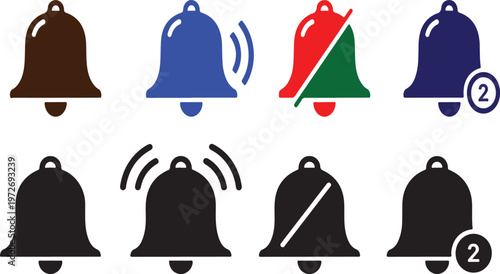 Four black bell icons on white background for notifications and alerts