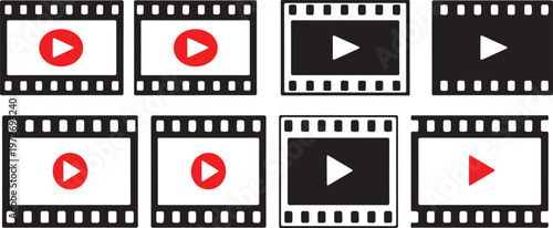 Four film strip icons with play buttons on white background for video concepts