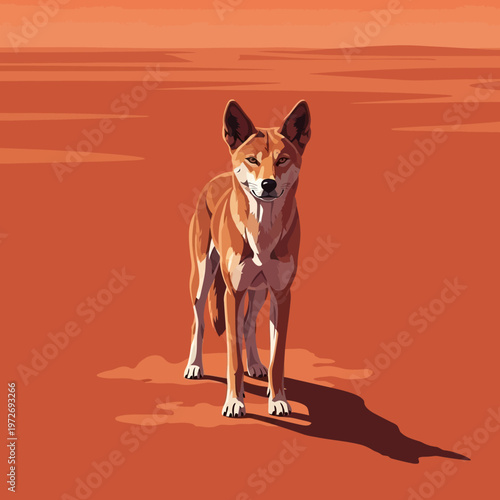 Brown dog standing in desert sand.
