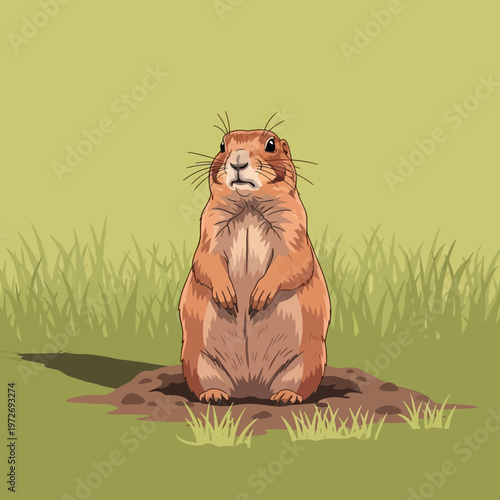 Brown Groundhog Sitting Upright Looking Alert.