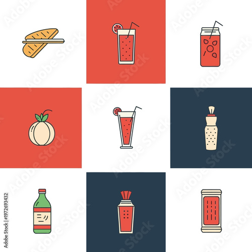 Colorful drinks and food icons set.