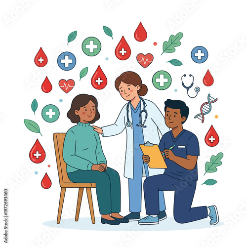 Illustration of a doctor and nurse attending to a patient with hemophilia awareness symbols and medical icons surrounding them.