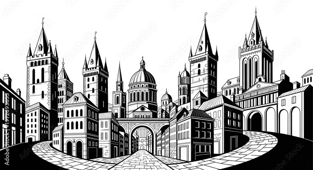 Obraz premium Detailed Black and White Illustration of a Grand Cityscape with Towering Structures.