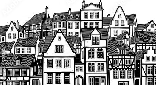 Detailed Black and White Illustration of a European Townscape.