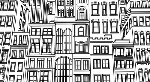 Detailed black and white illustration of urban buildings and architecture.