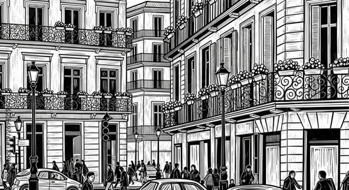 Detailed Black and White Sketch of a European City Street.