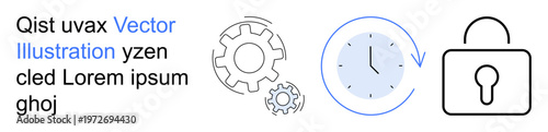 Workflow, security, time management, process optimization, data protection, efficiency improvement. Gears, clock and lock icon interconnected systems. Workflow and security concepts