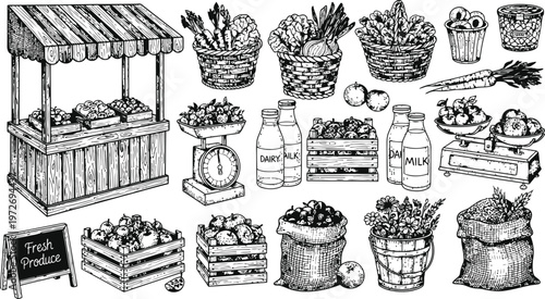 Farmers Market Stall and Assorted Fresh Produce Illustrations Hand-Drawn Sketch Style