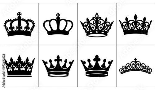Crown silhouette vector set with royal symbols for luxury logo and branding design