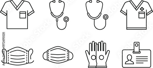 Medical staff uniform and PPE vector icon set with scrub top stethoscope face mask and ID badge for hospital healthcareMedical staff uniform and PPE vector icon set with scrub top stethoscope face mas
