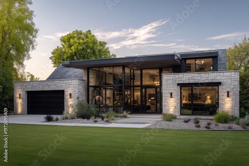 Contemporary residential architecture features expansive windows and striking stone accents, beautifully illuminated by the soft glow of early evening light