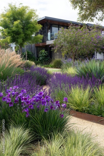 A vibrant garden pathway, adorned with colorful flowers and lush green plants, beautifully complements the sleek lines of a modern building under the bright sunshine