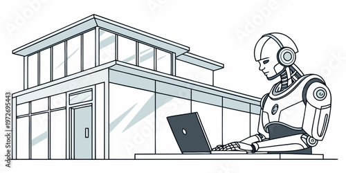 A robot sitting at a desk with a laptop in front of a modern house with large windows and a door