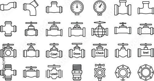 Industrial plumbing pipe fittings and valves vector icon set with pressure gauges and connectors for technical engineering blueprintsIndustrial plumbing pipe fittings and valves vector icon set with p