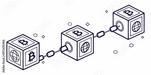 Vector illustration of bitcoin blockchain concept with linked cubes and cryptocurrency symbols