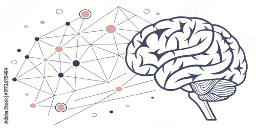 An illustration of a human brain with a neural network and connections in the background